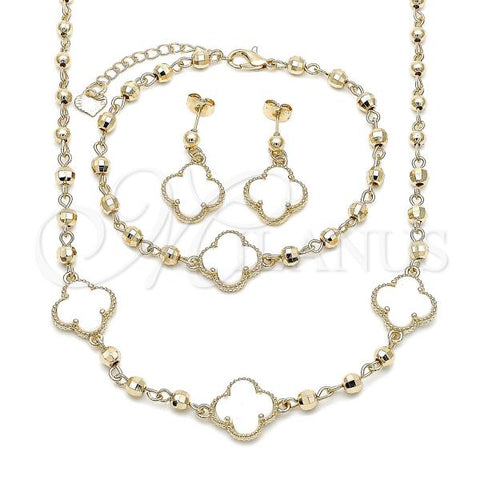 Oro Laminado Necklace, Bracelet and Earring, Gold Filled Style Four-leaf Clover and Ball Design, with Ivory Mother of Pearl, Polished, Golden Finish, 06.414.0002.3