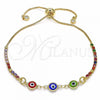 Oro Laminado Adjustable Bolo Bracelet, Gold Filled Style Evil Eye Design, with Multicolor and White Cubic Zirconia, Multicolor Resin Finish, Golden Finish, 03.63.2084.1.11