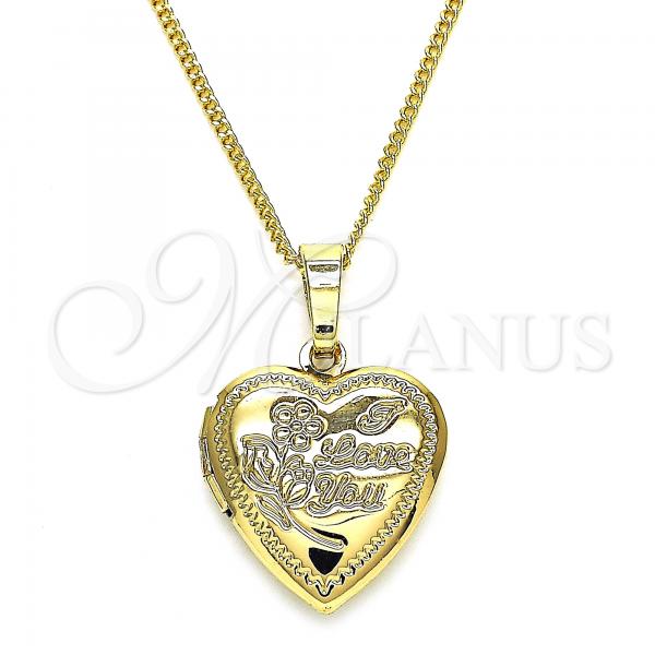 Oro Laminado Pendant Necklace, Gold Filled Style Heart and Flower Design, Polished, Golden Finish, 04.117.0009.20