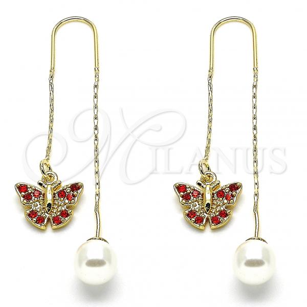 Oro Laminado Threader Earring, Gold Filled Style Butterfly Design, with Garnet Crystal, Polished, Golden Finish, 02.253.0005