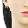 Oro Laminado Stud Earring, Gold Filled Style Cherry Design, with Garnet Cubic Zirconia and Green Micro Pave, Polished, Golden Finish, 02.283.0284