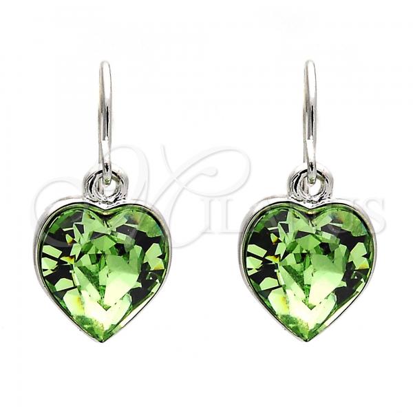 Rhodium Plated Dangle Earring, Heart Design, with Peridot Swarovski Crystals, Polished, Rhodium Finish, 02.239.0003.6