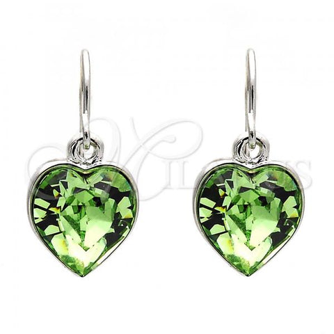 Rhodium Plated Dangle Earring, Heart Design, with Peridot Swarovski Crystals, Polished, Rhodium Finish, 02.239.0003.6