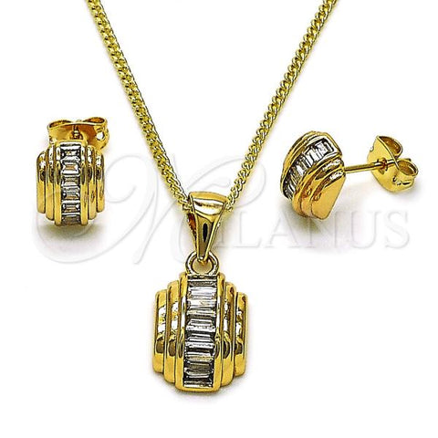 Oro Laminado Earring and Pendant Adult Set, Gold Filled Style Baguette Design, with White Cubic Zirconia, Polished, Golden Finish, 10.342.0225