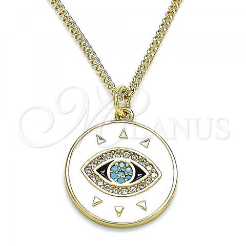 Oro Laminado Pendant Necklace, Gold Filled Style Evil Eye Design, with Turquoise and White Micro Pave, White Enamel Finish, Golden Finish, 04.362.0031.20