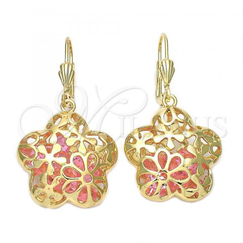 Oro Laminado Dangle Earring, Gold Filled Style Flower Design, with Pink Crystal, Polished, Golden Finish, 5.077.007