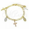 Oro Laminado Charm Bracelet, Gold Filled Style Guadalupe and Crucifix Design, Diamond Cutting Finish, Tricolor, 03.351.0076.07