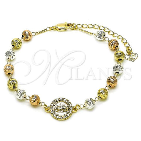 Oro Laminado Fancy Bracelet, Gold Filled Style Ball and Guadalupe Design, with White Cubic Zirconia, Diamond Cutting Finish, Tricolor, 03.253.0102.07