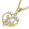 Oro Laminado Religious Pendant, Gold Filled Style Angel and Heart Design, with White Crystal, Polished, Tricolor, 05.380.0091