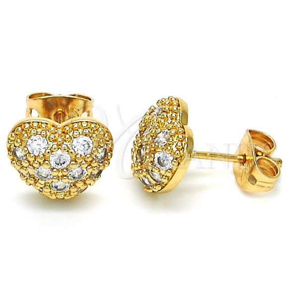 Oro Laminado Stud Earring, Gold Filled Style Heart Design, with White Cubic Zirconia, Polished, Golden Finish, 02.213.0138