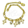 Oro Laminado Charm Bracelet, Gold Filled Style Cross and Paperclip Design, with White Crystal, Polished, Golden Finish, 03.63.2248.08