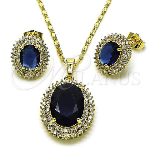 Oro Laminado Earring and Pendant Adult Set, Gold Filled Style Cluster Design, with Sapphire Blue and White Cubic Zirconia, Polished, Golden Finish, 10.196.0189.2