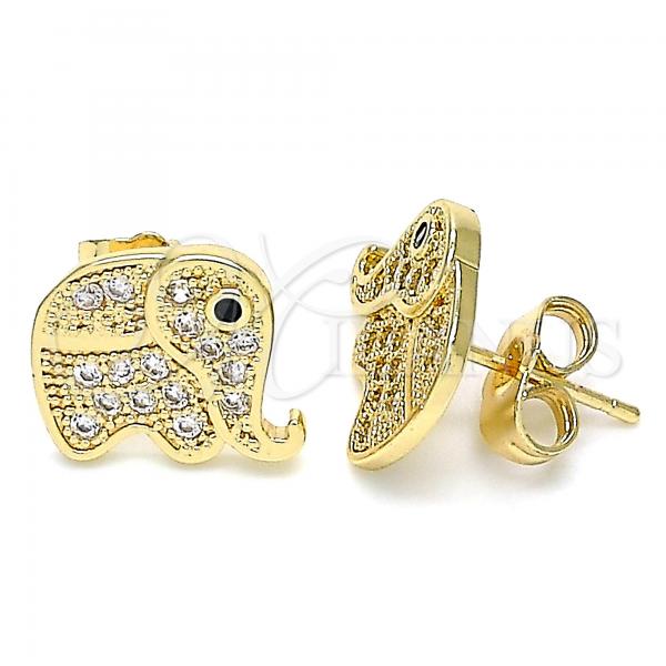 Oro Laminado Stud Earring, Gold Filled Style Elephant Design, with White and Black Micro Pave, Polished, Golden Finish, 02.210.0355