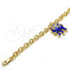 Oro Laminado Charm Bracelet, Gold Filled Style Elephant and Rolo Design, with White Crystal, Blue Enamel Finish, Golden Finish, 03.179.0001.3.07