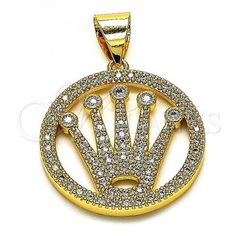 Oro Laminado Fancy Pendant, Gold Filled Style Crown Design, with White Micro Pave and White Cubic Zirconia, Polished, Golden Finish, 05.342.0112