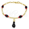 Oro Laminado Fancy Bracelet, Gold Filled Style Figa Hand Design, with Black Azavache, Red Resin Finish, Golden Finish, 5.039.008.07