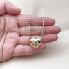 Oro Laminado Pendant Necklace, Gold Filled Style Heart and Guadalupe Design, Polished, Golden Finish, 04.253.0030.18