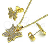 Oro Laminado Earring and Pendant Adult Set, Gold Filled Style Butterfly Design, with White Micro Pave, Polished, Golden Finish, 10.156.0454