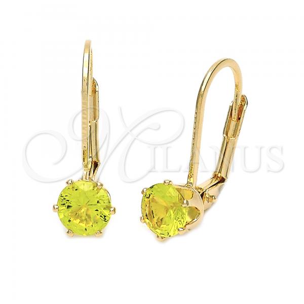 Oro Laminado Leverback Earring, Gold Filled Style with Dark Peridot Cubic Zirconia, Polished, Golden Finish, 5.128.088