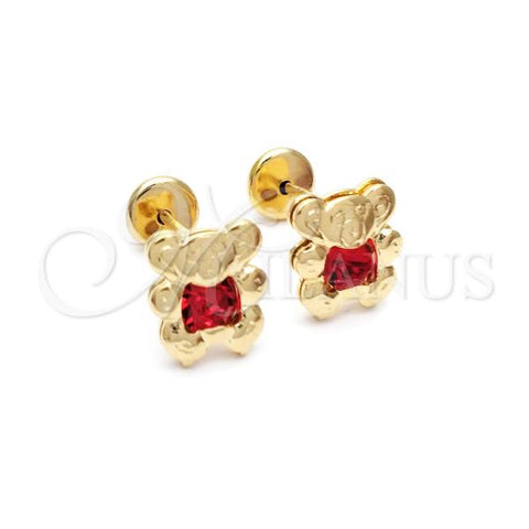 Oro Laminado Stud Earring, Gold Filled Style Teddy Bear Design, with Garnet Cubic Zirconia, Polished, Golden Finish, 02.09.0204.1