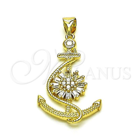 Oro Laminado Religious Pendant, Gold Filled Style Anchor and Baguette Design, with White Cubic Zirconia, Polished, Golden Finish, 05.213.0136