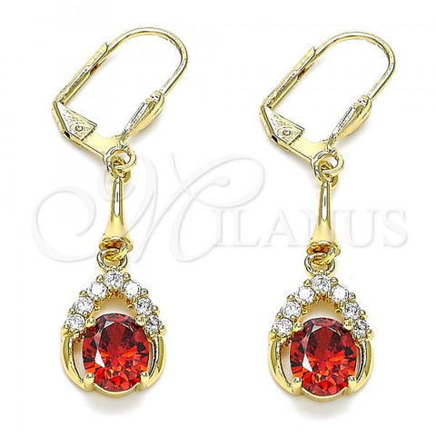 Oro Laminado Long Earring, Gold Filled Style Teardrop Design, with Garnet and White Cubic Zirconia, Polished, Golden Finish, 02.387.0058