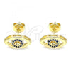 Oro Laminado Stud Earring, Gold Filled Style with Sapphire Blue and White Micro Pave, Polished, Golden Finish, 02.156.0440.1