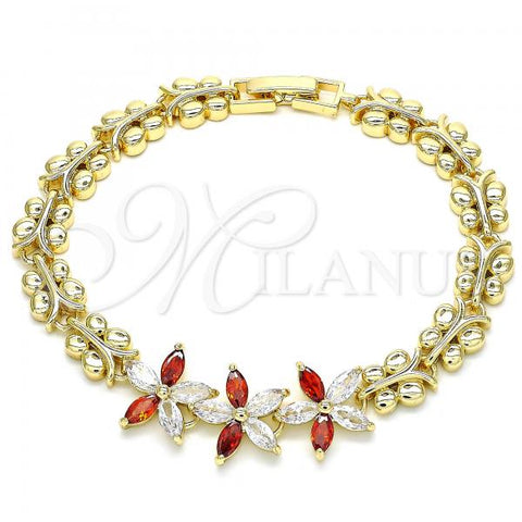Oro Laminado Fancy Bracelet, Gold Filled Style Flower and Butterfly Design, with Garnet and White Cubic Zirconia, Polished, Golden Finish, 03.210.0127.07