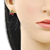 Oro Laminado Stud Earring, Gold Filled Style Cherry and Heart Design, with Garnet and Green Cubic Zirconia, Polished, Golden Finish, 02.283.0280