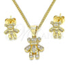 Oro Laminado Earring and Pendant Adult Set, Gold Filled Style Teddy Bear Design, with White Micro Pave, Polished, Golden Finish, 10.156.0231