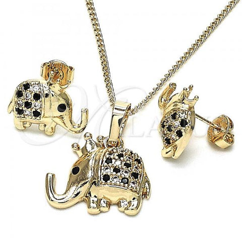 Oro Laminado Earring and Pendant Adult Set, Gold Filled Style Elephant Design, with Black and White Micro Pave, Polished, Golden Finish, 10.26.0022.4
