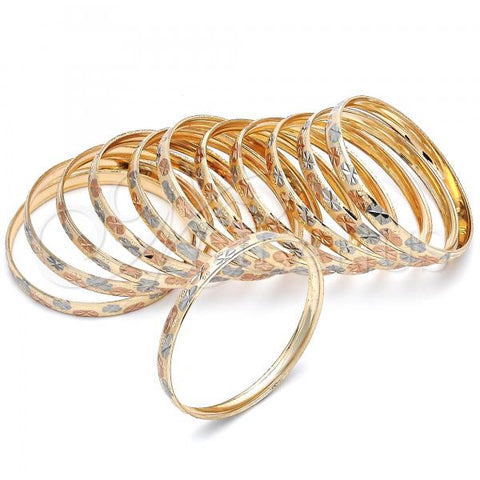 Gold Plated Dozen Bangle, Diamond Cutting Finish, Tricolor, 5.264.002.03 (06 MM Thickness, Size 3 - 2.00 Diameter)