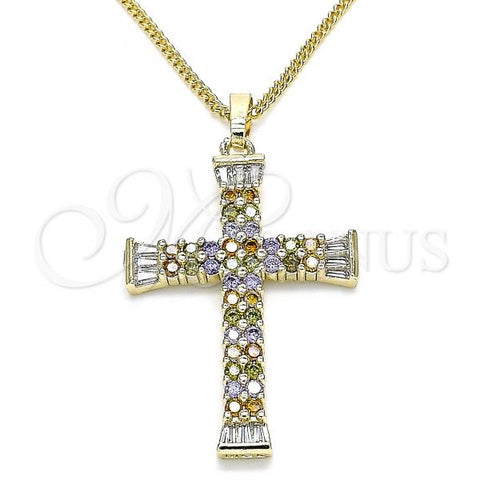 Oro Laminado Pendant Necklace, Gold Filled Style Cross Design, with Multicolor Micro Pave, Polished, Golden Finish, 04.284.0023.3.20