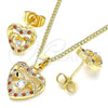 Oro Laminado Earring and Pendant Adult Set, Gold Filled Style Heart Design, with Garnet Micro Pave and White Cubic Zirconia, Polished, Golden Finish, 10.233.0032.7