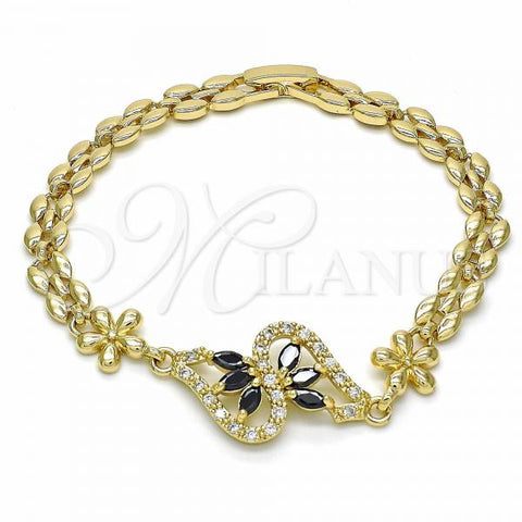 Oro Laminado Fancy Bracelet, Gold Filled Style Flower Design, with Black and White Cubic Zirconia, Polished, Golden Finish, 03.357.0012.3.07