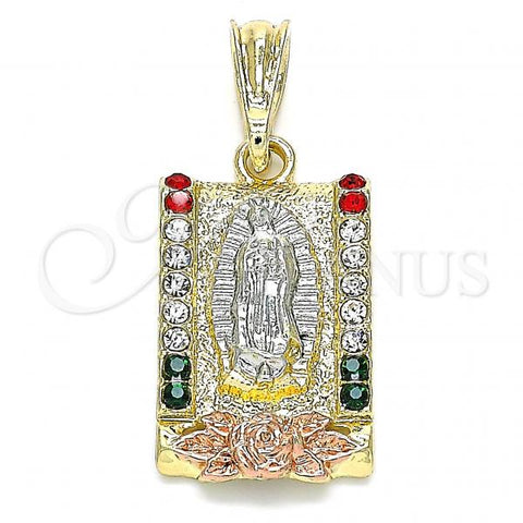 Oro Laminado Religious Pendant, Gold Filled Style Guadalupe and Flower Design, with Multicolor Crystal, Polished, Tricolor, 05.380.0083.1