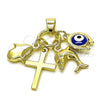 Oro Laminado Fancy Pendant, Gold Filled Style Cross and Dolphin Design, Blue Enamel Finish, Golden Finish, 05.213.0165