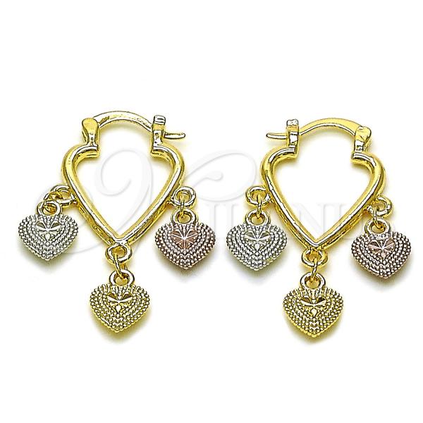 Oro Laminado Small Hoop, Gold Filled Style Heart Design, Diamond Cutting Finish, Tricolor, 02.170.0492.20