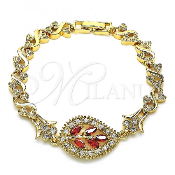 Oro Laminado Fancy Bracelet, Gold Filled Style Leaf and Heart Design, with Garnet and White Cubic Zirconia, Polished, Golden Finish, 03.210.0121.07