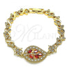 Oro Laminado Fancy Bracelet, Gold Filled Style Leaf and Heart Design, with Garnet and White Cubic Zirconia, Polished, Golden Finish, 03.210.0121.07