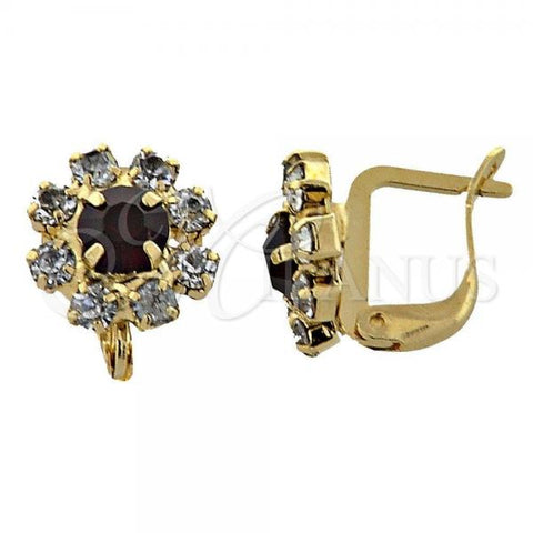 Oro Laminado Leverback Earring, Gold Filled Style Flower Design, with Garnet and White Cubic Zirconia, Polished, Golden Finish, 02.63.0096.4