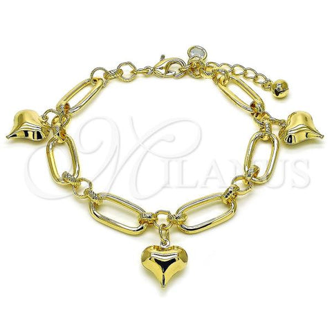 Oro Laminado Charm Bracelet, Gold Filled Style Heart Design, with White Cubic Zirconia, Polished, Golden Finish, 03.331.0314.08