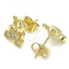 Oro Laminado Stud Earring, Gold Filled Style Teddy Bear Design, with White Micro Pave, Polished, Golden Finish, 02.210.0403