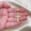Oro Laminado Fancy Pendant, Gold Filled Style Cross and Crown Design, with White Micro Pave, Polished, Golden Finish, 05.342.0002