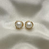 Oro Laminado Stud Earring, Gold Filled Style with Ivory Pearl and White Micro Pave, Polished, Golden Finish, 02.342.0150