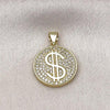 Oro Laminado Fancy Pendant, Gold Filled Style Money Sign Design, with White Micro Pave, Polished, Golden Finish, 05.341.0107