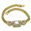 Oro Laminado Fancy Bracelet, Gold Filled Style Belt Buckle and Miami Cuban Design, with White Cubic Zirconia and White Micro Pave, Polished, Golden Finish, 03.283.0199.07