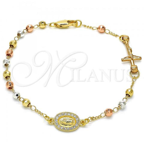 Oro Laminado Fancy Bracelet, Gold Filled Style Guadalupe and Crucifix Design, with White Micro Pave, Diamond Cutting Finish, Tricolor, 03.253.0030.08