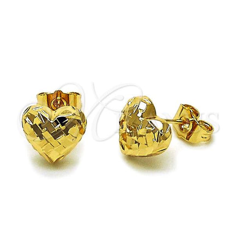 Oro Laminado Stud Earring, Gold Filled Style Heart Design, Diamond Cutting Finish, Golden Finish, 02.163.0385