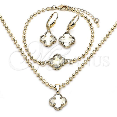 Oro Laminado Necklace, Bracelet, Earring and Ring, Gold Filled Style Four-leaf Clover and Ball Design, Diamond Cutting Finish, Golden Finish, 06.372.0087